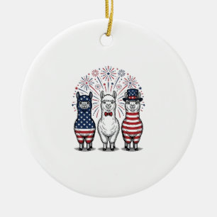 Patriotic Llama Fireworks Vintage Vector Shirt_1 Ceramic Ornament