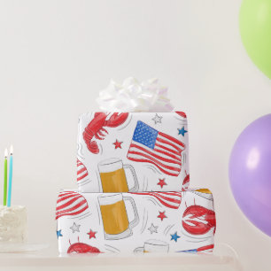 Patriotic Lobster Beer Flag Stars Wrapping Paper