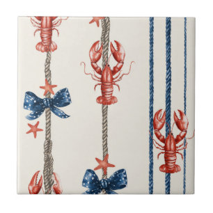 Patriotic Lobster Red White Blue Stars (1) Ceramic Tile