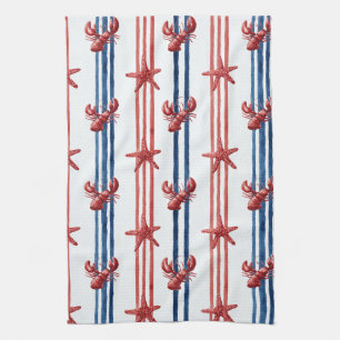 Patriotic Lobster Red White Blue Stars (1) Tea Towel