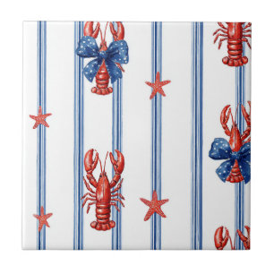 Patriotic Lobster Red White Blue Stars (3) Ceramic Tile