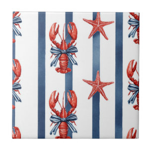 Patriotic Lobster Red White Blue Stars (4) Ceramic Tile