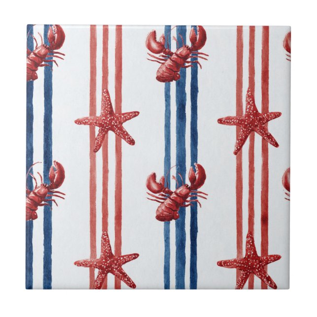 Patriotic Lobster Red White Blue Stars (5) Ceramic Tile (Front)
