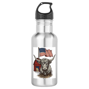 Patriotic Longhorn Cow and Red Barn Vector Design_ 532 Ml Water Bottle