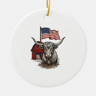 Patriotic Longhorn Cow and Red Barn Vector Design_ Ceramic Ornament
