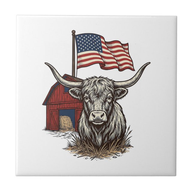 Patriotic Longhorn Cow and Red Barn Vector Design_ Ceramic Tile (Front)