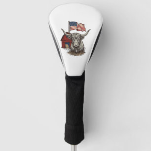 Patriotic Longhorn Cow and Red Barn Vector Design_ Golf Head Cover