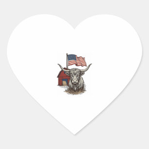 Patriotic Longhorn Cow and Red Barn Vector Design_ Heart Sticker