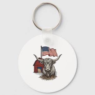 Patriotic Longhorn Cow and Red Barn Vector Design_ Key Ring