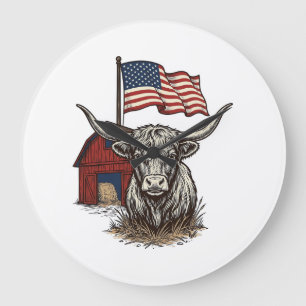 Patriotic Longhorn Cow and Red Barn Vector Design_ Large Clock