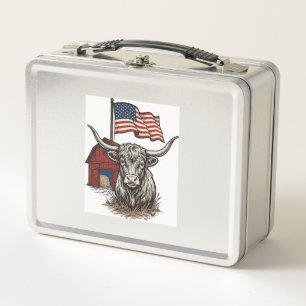 Patriotic Longhorn Cow and Red Barn Vector Design_ Metal Lunch Box