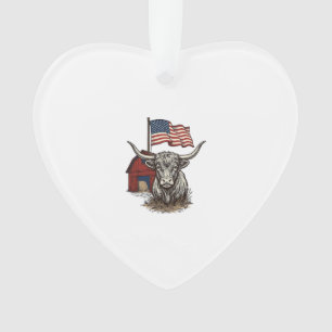 Patriotic Longhorn Cow and Red Barn Vector Design_ Ornament
