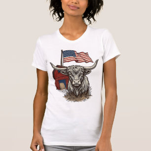Patriotic Longhorn Cow and Red Barn Vector Design_ T-Shirt