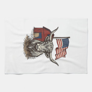 Patriotic Longhorn Cow and Red Barn Vector Design_ Tea Towel