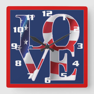 Patriotic Love American Flag Square Wall Clock