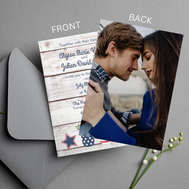 Patriotic Love II Rustic 4th of July Photo Wedding Invitation (Creator Uploaded)