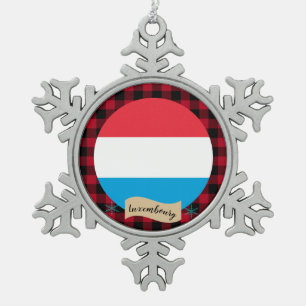 Patriotic Luxembourg Flag, Red buffalo plaid Snowflake Pewter Christmas Ornament