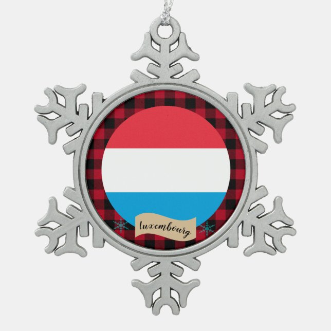 Patriotic Luxembourg Flag, Red buffalo plaid Snowflake Pewter Christmas Ornament (Front)