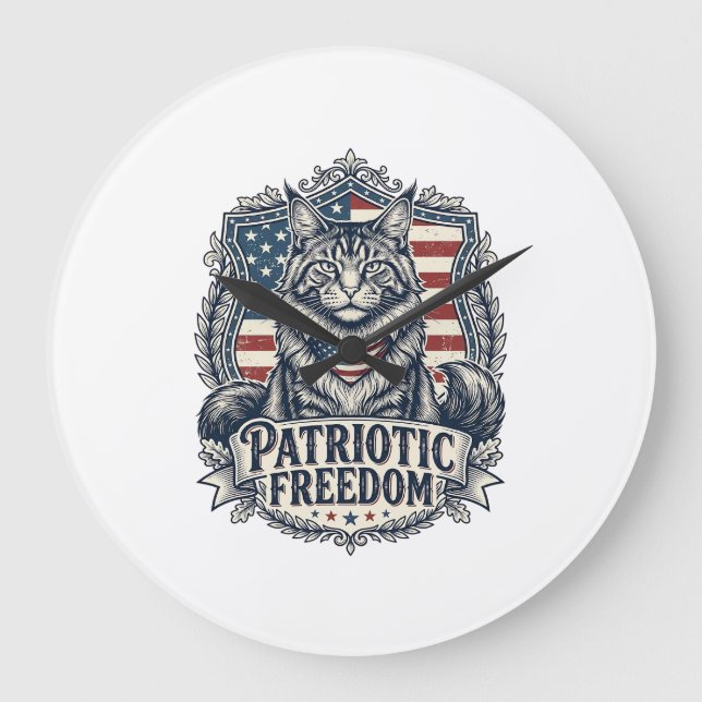 Patriotic Maine Coon Cat Large Clock (Front)
