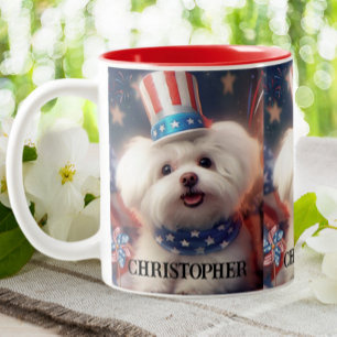 Patriotic Maltese Puppy Dog USA Flag Personalized  Two-Tone Coffee Mug