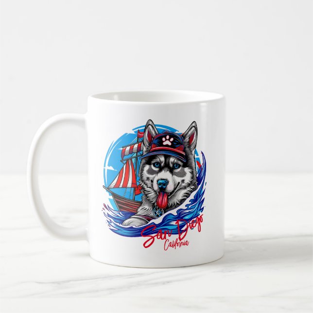 Patriotic Maritime Husky Malamute Dog, San Diego Coffee Mug (Left)