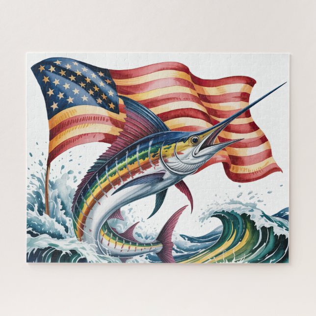 Patriotic Marlin With Flag Jigsaw Puzzle (Horizontal)
