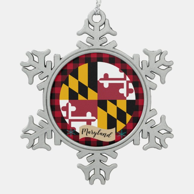 Patriotic Maryland, buffalo plaid, Maryland Flag  Snowflake Pewter Christmas Ornament (Front)