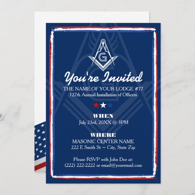 Patriotic Masonic Invitations | Red White and Blue (Front/Back)