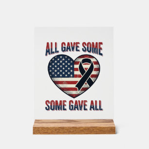 Patriotic Memorial Heart Ribbon Veteran Shirt Desi Acrylic Sign