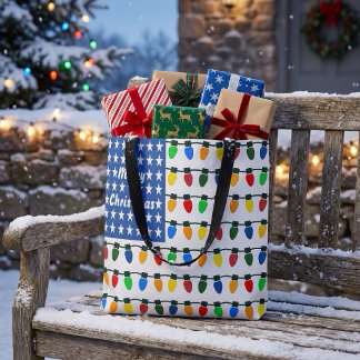 Patriotic Merry Christmas Holiday Light Bulbs Flag Tote Bag