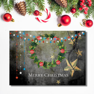 Patriotic Merry Christmas Stars n Lights, Wreath Holiday Card