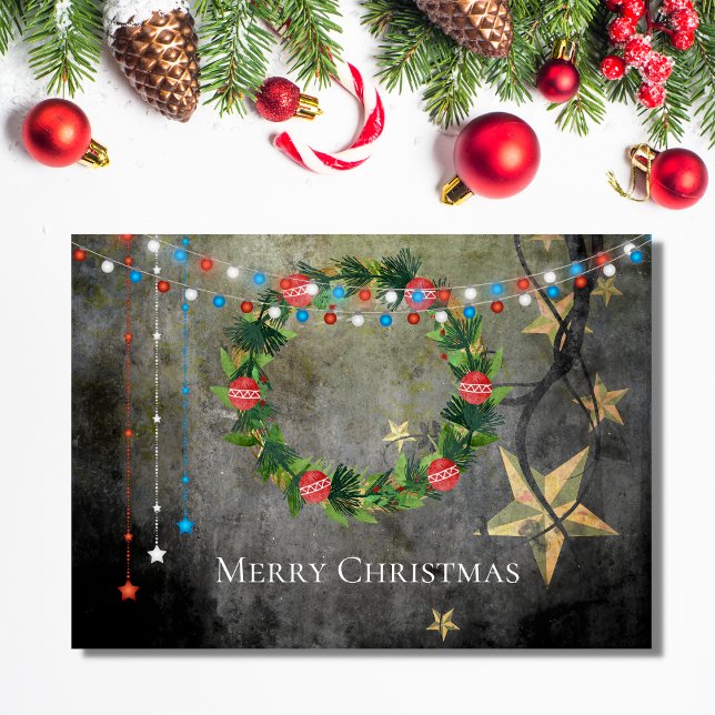 Patriotic Merry Christmas Stars n Lights, Wreath Holiday Card (Creator Uploaded)