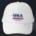 Patriotic Michigan Typography Trucker Hat<br><div class="desc">Michigan trucker hat. A bold typography design with a blue star that highlights the US state of Michigan,  its year of statehood in 1837,  and the initials of the USA infused with the stars and stripes of the American flag. It makes a wonderful patriotic gift or souvenir.</div>