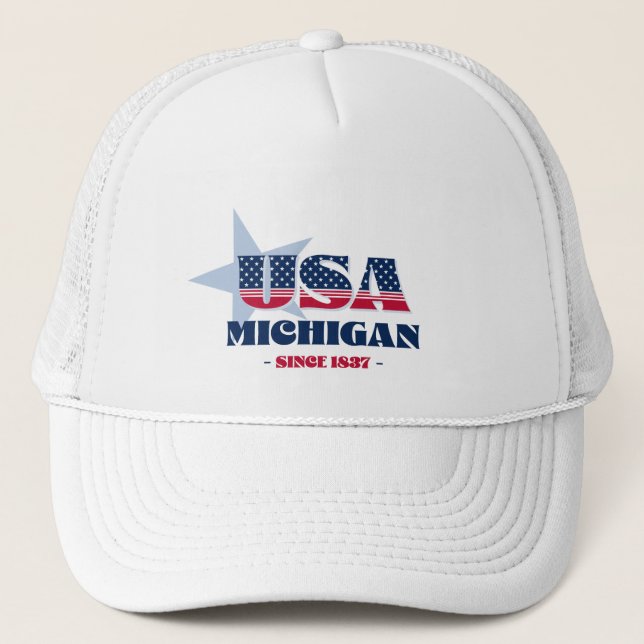 Patriotic Michigan Typography Trucker Hat (Front)