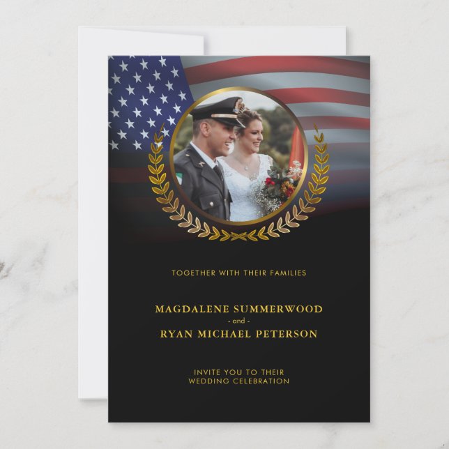 Patriotic Military American Flag and Photo Wedding Invitation (Front)