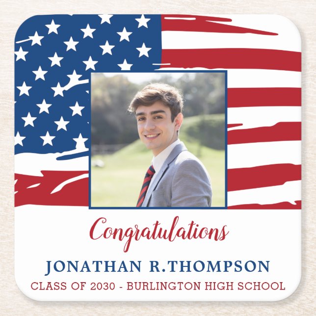 Patriotic Military American Flag Graduation Square Paper Coaster (Front)