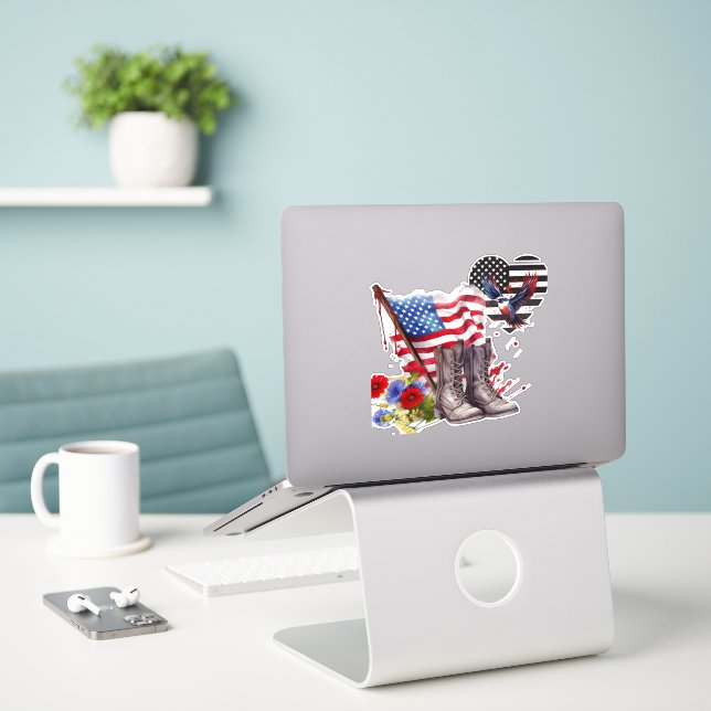 Patriotic Military Boots and Flag Sticker (Laptop On Desk)