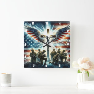 Patriotic Military Cross Tribute Square Wall Clock