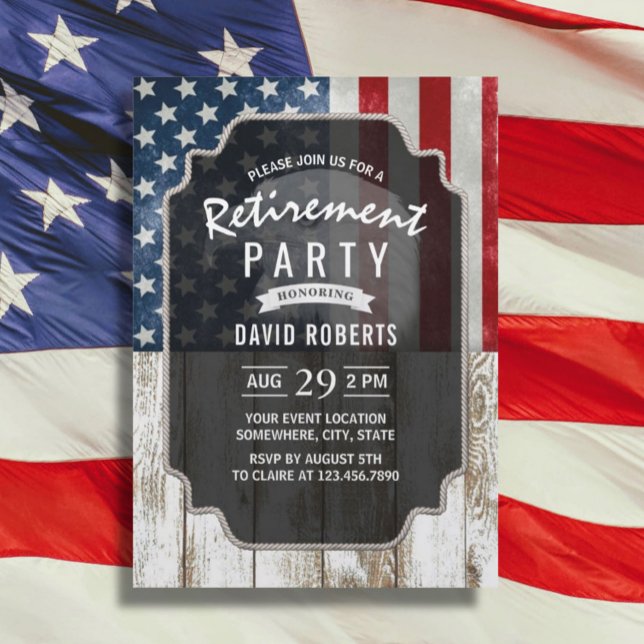 Patriotic Military Retirement USA Flag Rustic Wood Invitation (Creator Uploaded)