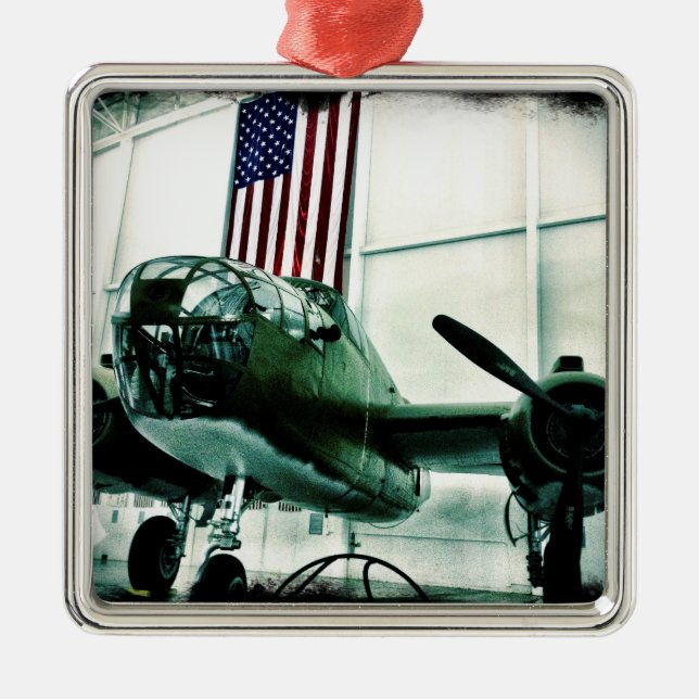 Patriotic Military WWII Plane with American Flag Metal Tree Decoration (Front)