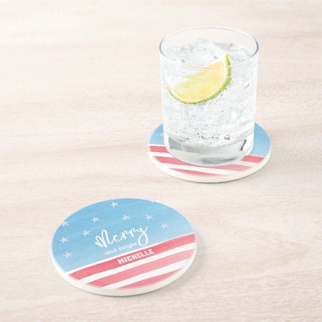 Patriotic Modern Watercolor Flag Coaster (Side)