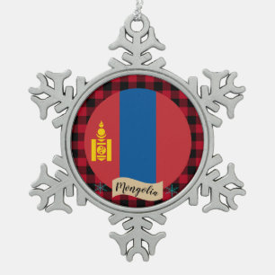 Patriotic Mongolia, buffalo plaid, Mongolian Flag Snowflake Pewter Christmas Ornament