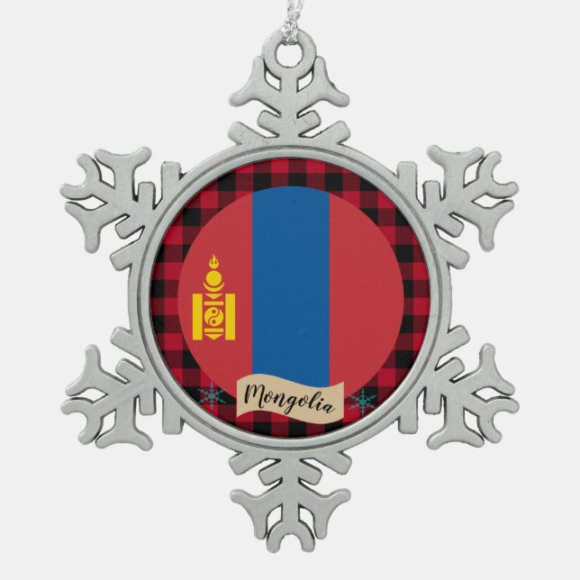 Patriotic Mongolia, buffalo plaid, Mongolian Flag Snowflake Pewter Christmas Ornament (Front)