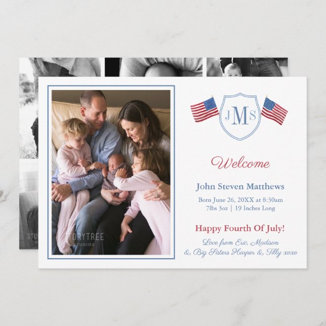 Patriotic Monogram Photo Collage Baby Boy Birth Announcement (Front/Back)