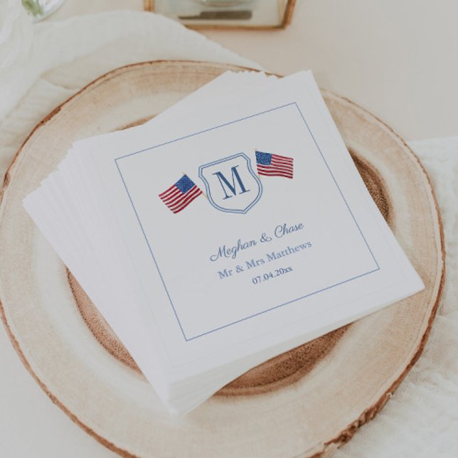 Patriotic Monogram Wedding Crest USA Flags Party Napkin (Patriotic wedding napkins with a ,monogram couples crest and twin USA flags)