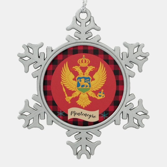 Patriotic Montenegro Flag, Red buffalo plaid Snowflake Pewter Christmas Ornament (Front)