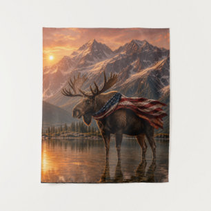Patriotic Moose American Flag Cape Mountain Lake Tapestry