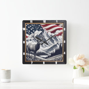 Patriotic Moose Mountain Rustic  Square Wall Clock