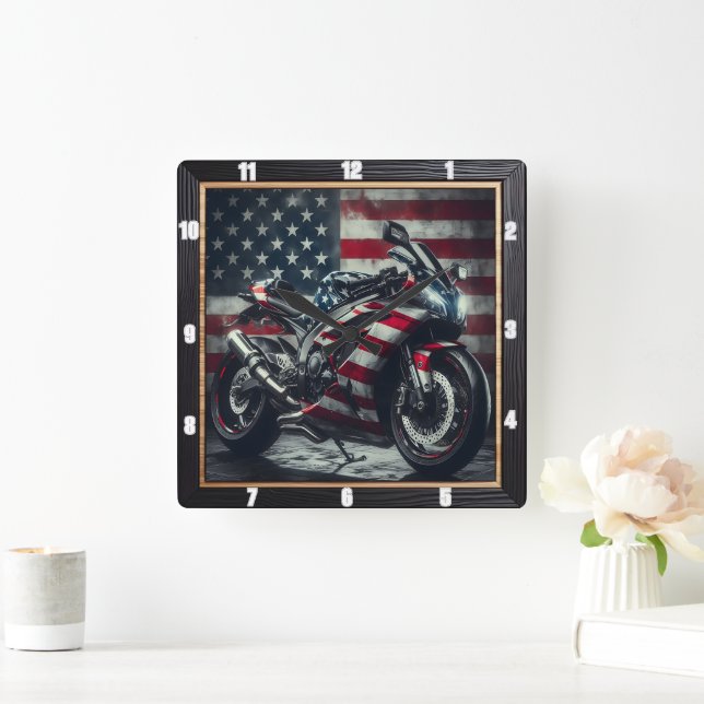 Patriotic Motorcycle American Flag Square Wall Clock (Home)