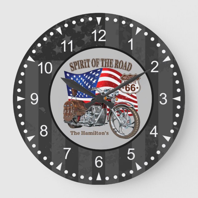 Patriotic Motorcycle American Flag With Name Large Clock (Front)
